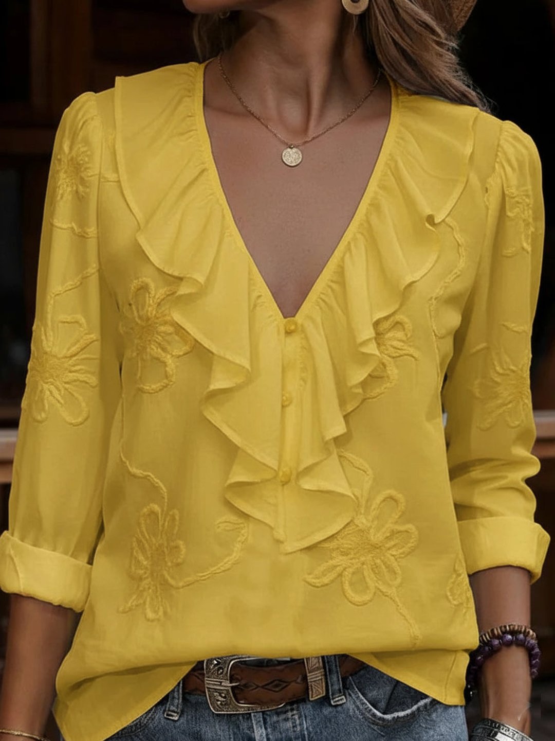 Floral Embroidered V Neck Blouse
