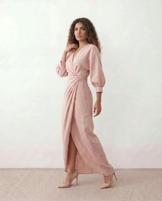 V Neck Wrap Maxi Dress with Balloon Sleeves