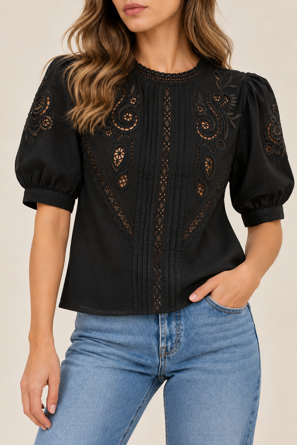 Broderie Lace Puff Sleeve Blouse