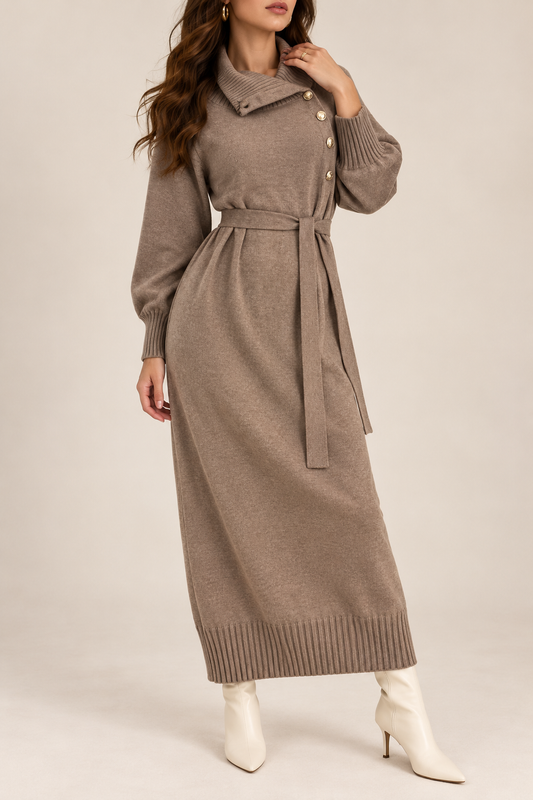 High Neck Belted Knit Midi Dress