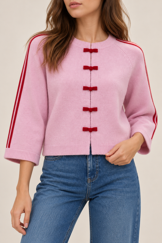 Frog Button Stripe Trim Cardigan