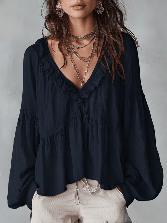 Ruffle V Neck Tiered Blouse with Balloon Sleeves