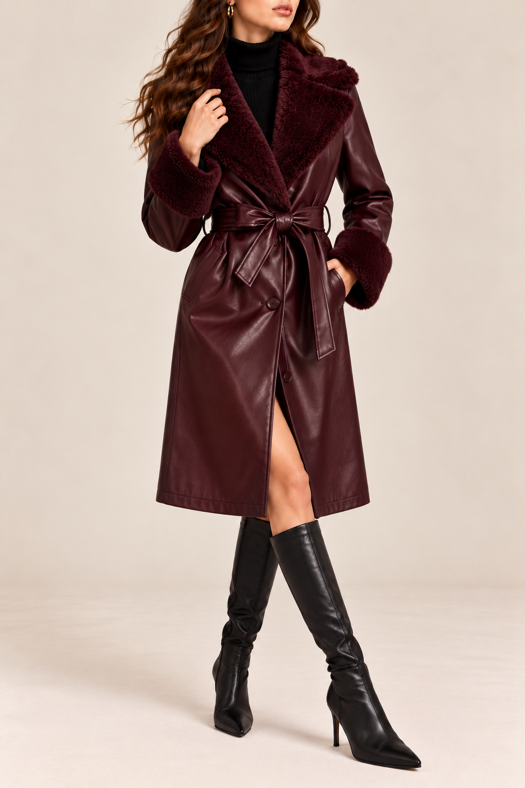 Faux Fur Panel PU Leather Trench Coat