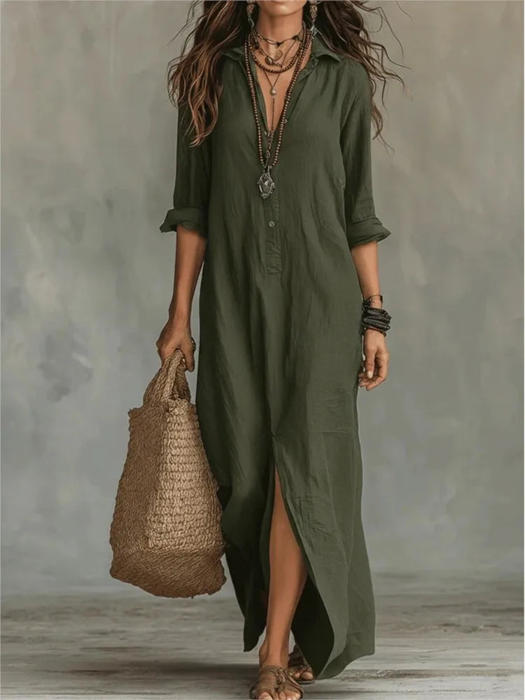 V Neck 3/4 Sleeve Maxi Dress
