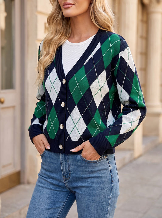 Argyle Cardigan with Ribbed Trim