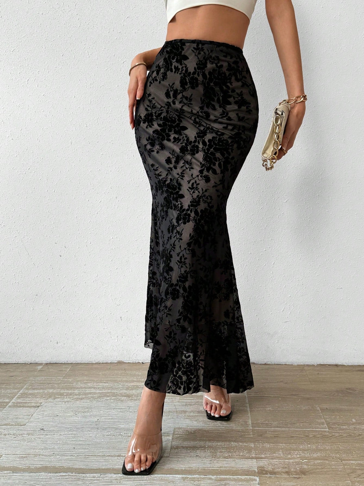 Floral Mesh Maxi Mermaid Skirt