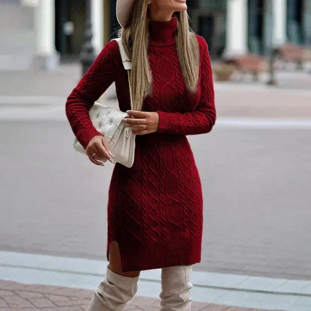 Cable Knit Sweater Dress with Roll Neck