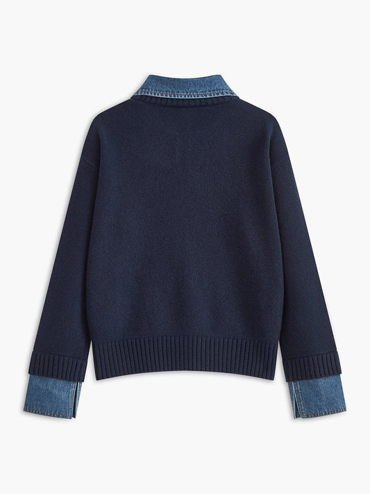 Knit Polo Jumper with Denim Collar