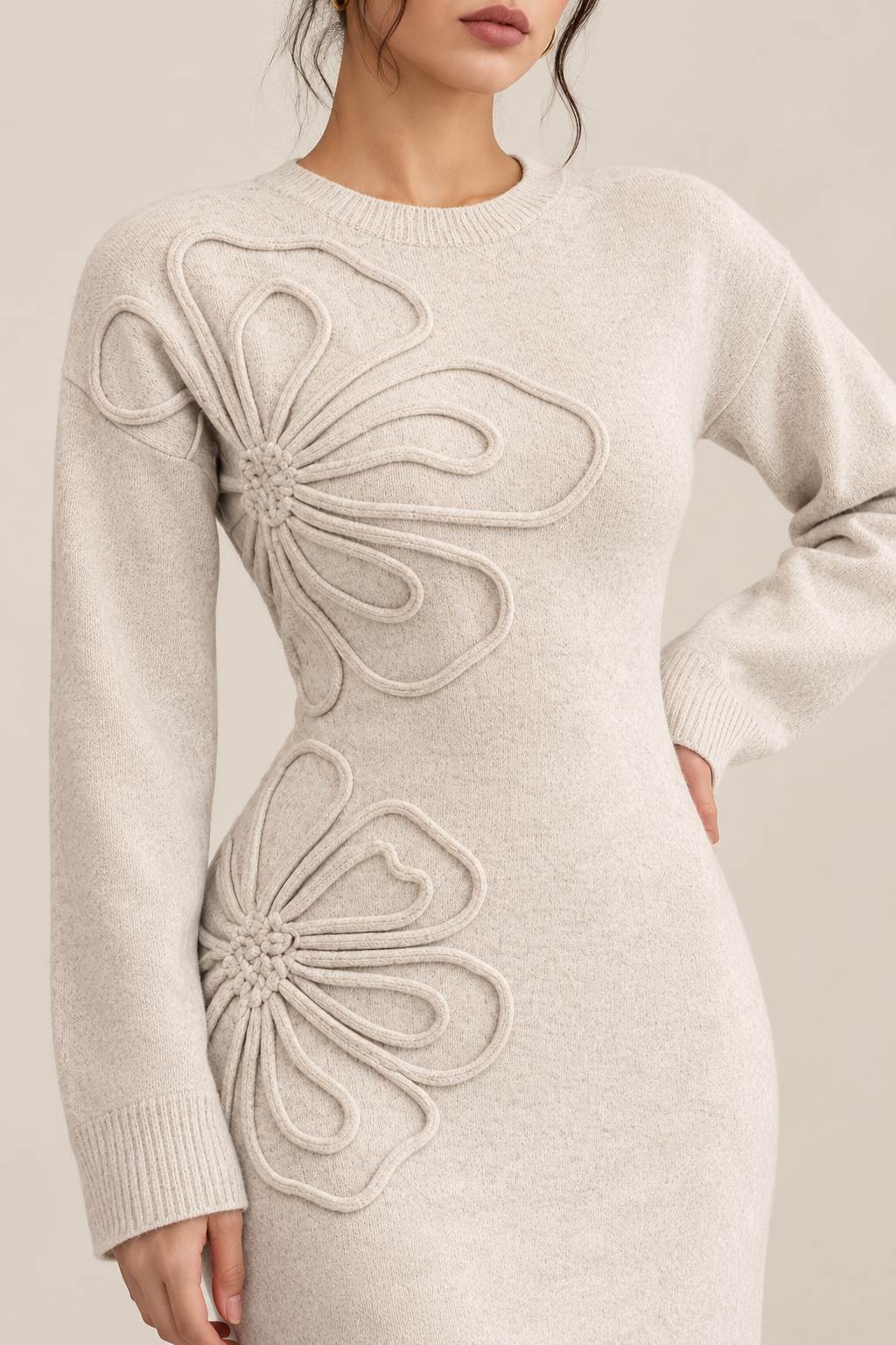 3D Rose Round Neck Knit Midi Dress