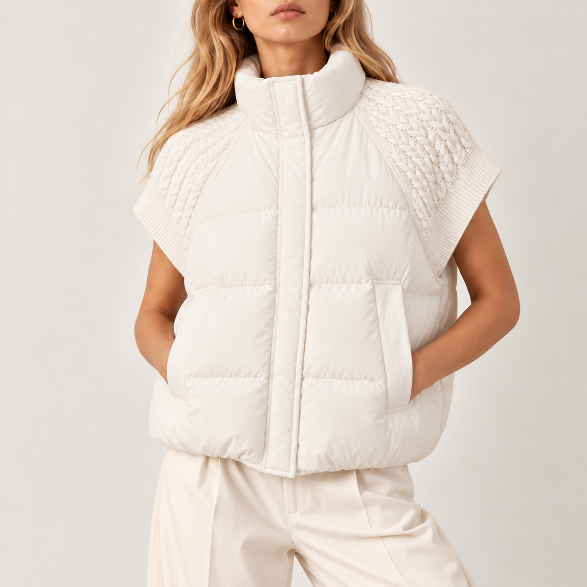 Quilted Vest with Cable Knit Sleeves