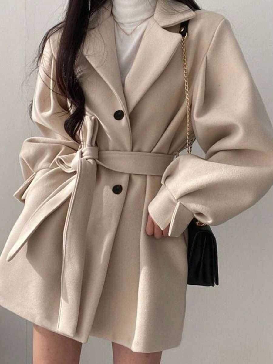 Belted Tweed Double Breasted Long Jacket