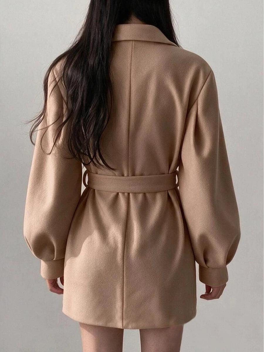 Belted Tweed Double Breasted Long Jacket