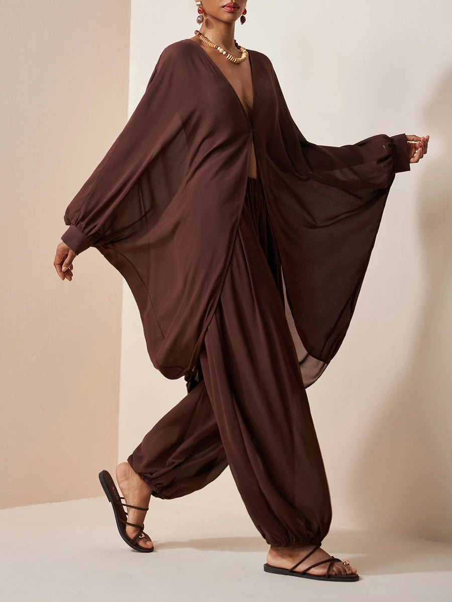 Chiffon V Neck Blouse and Pants Set