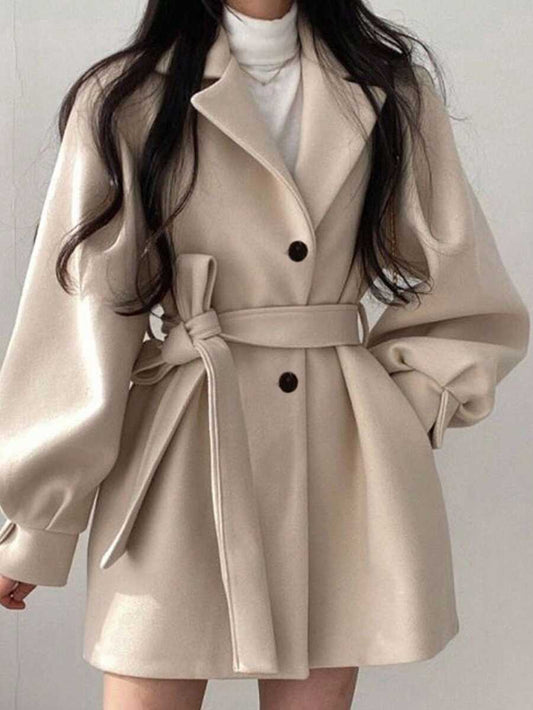 Belted Tweed Double Breasted Long Jacket