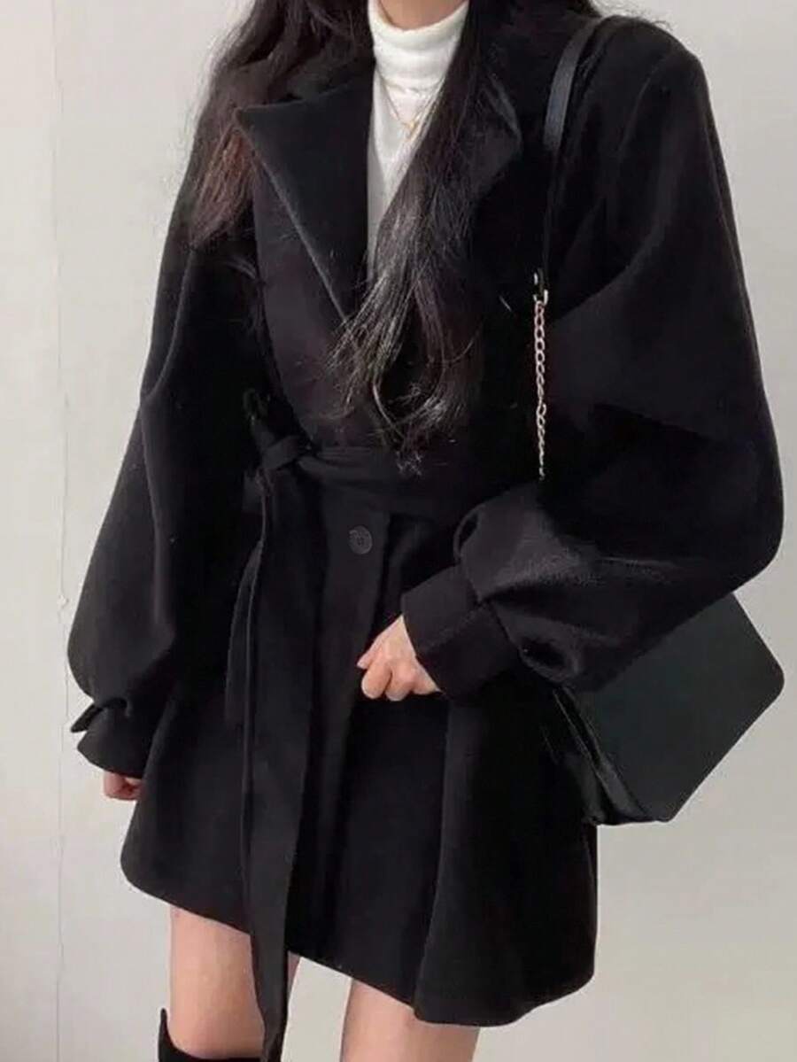 Belted Tweed Double Breasted Long Jacket
