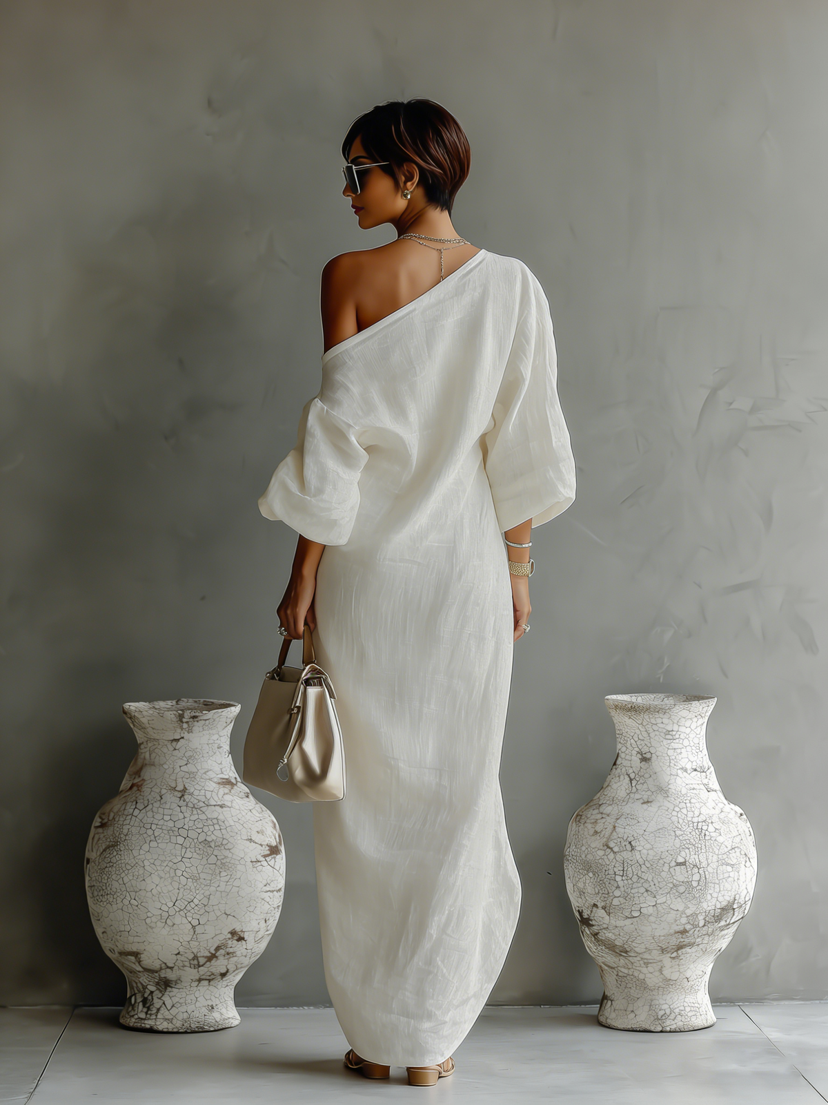 Linen One Shoulder Balloon Sleeve Maxi Dress