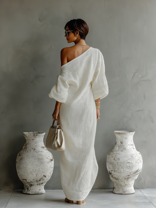 Linen One Shoulder Balloon Sleeve Maxi Dress