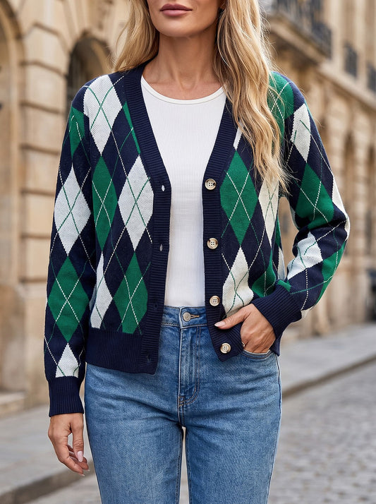 Argyle Cardigan with Ribbed Trim