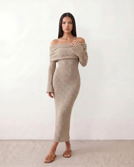 Off Shoulder Knit Maxi Dress