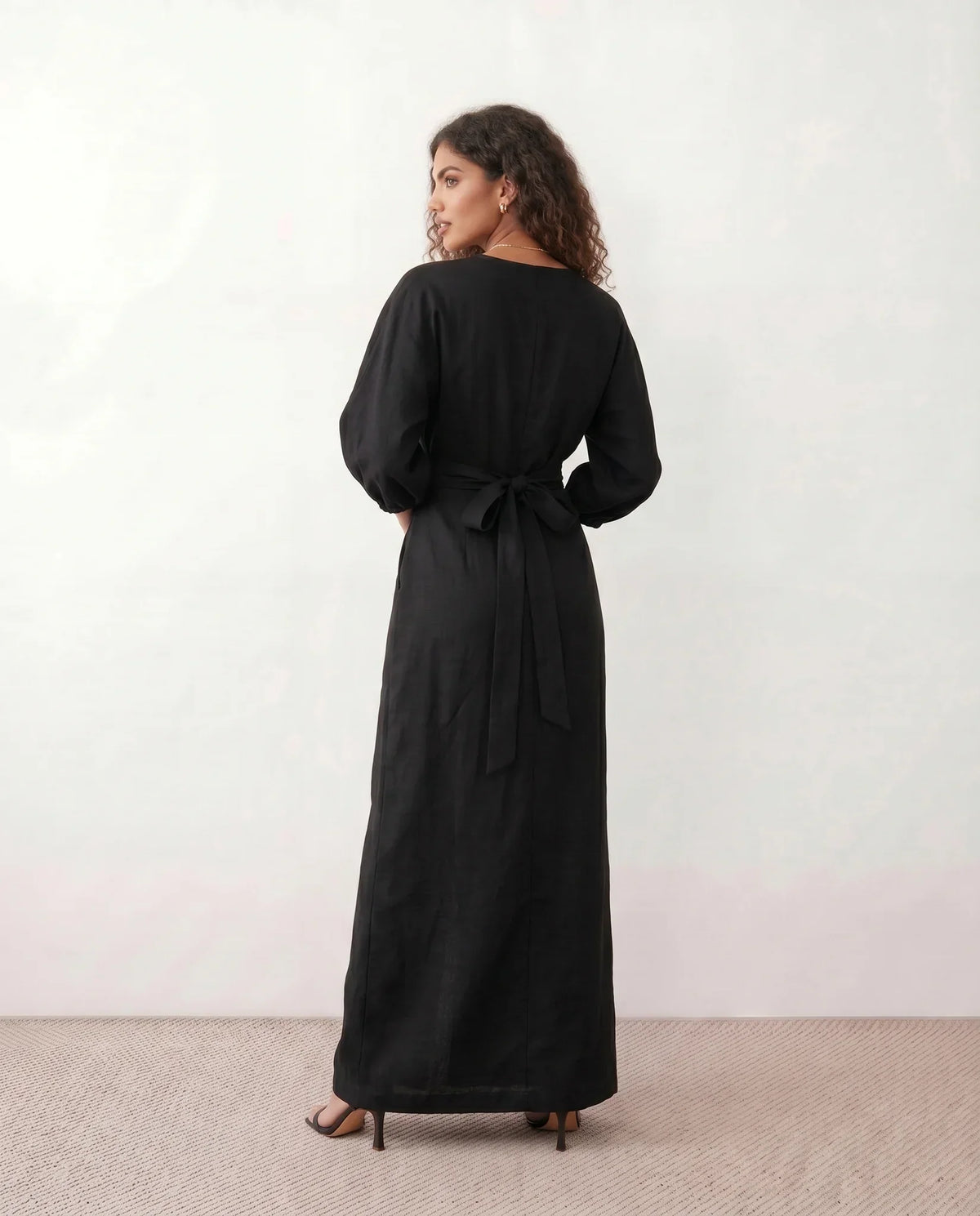 V Neck Wrap Maxi Dress with Balloon Sleeves
