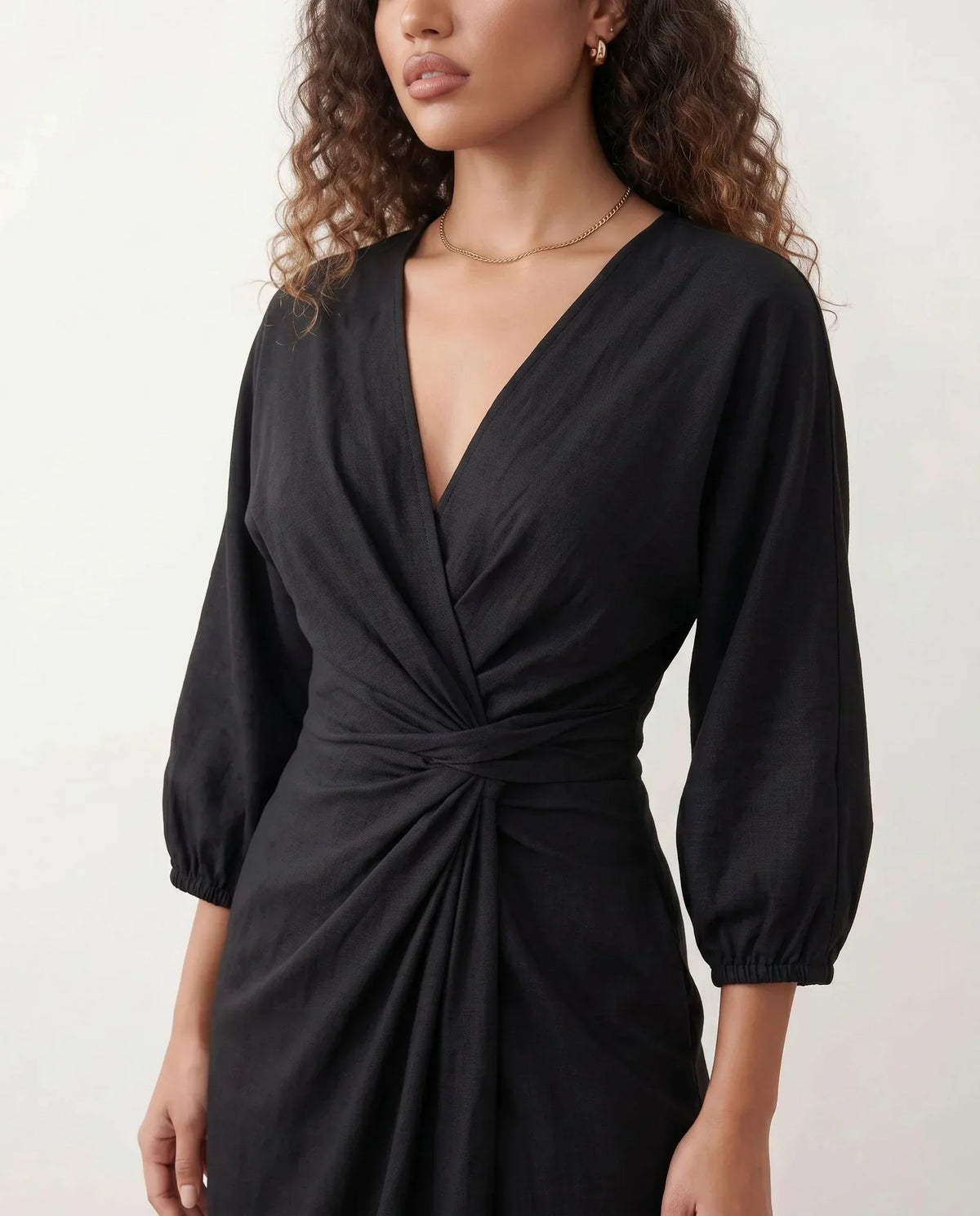 V Neck Wrap Maxi Dress with Balloon Sleeves
