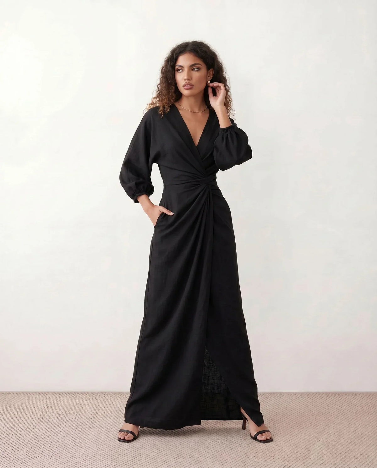V Neck Wrap Maxi Dress with Balloon Sleeves