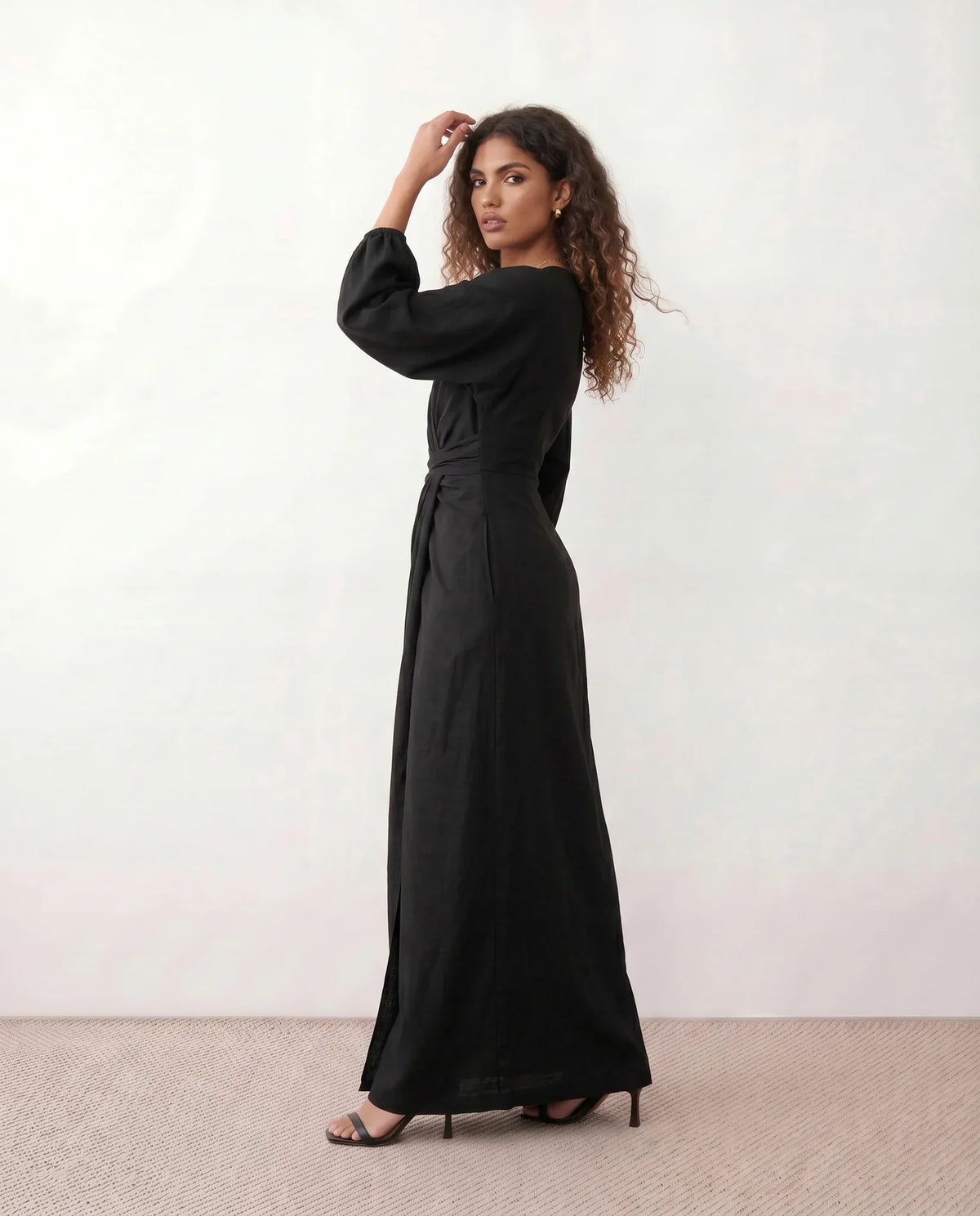 V Neck Wrap Maxi Dress with Balloon Sleeves