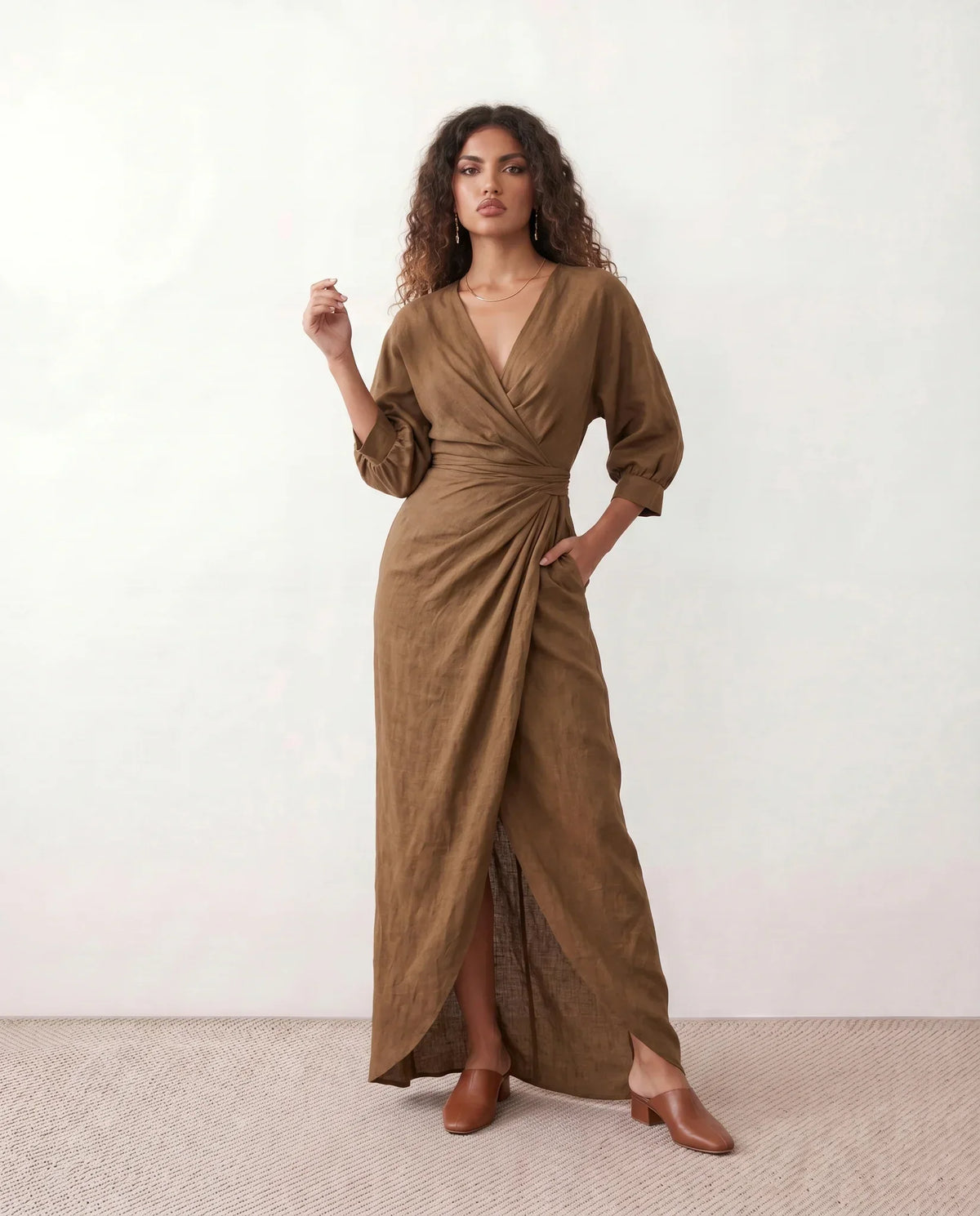 V Neck Wrap Maxi Dress with Balloon Sleeves