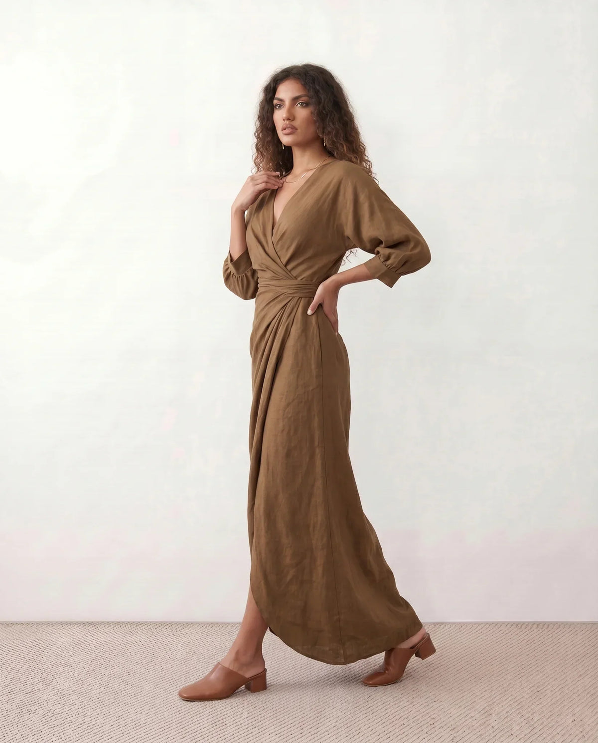 V Neck Wrap Maxi Dress with Balloon Sleeves