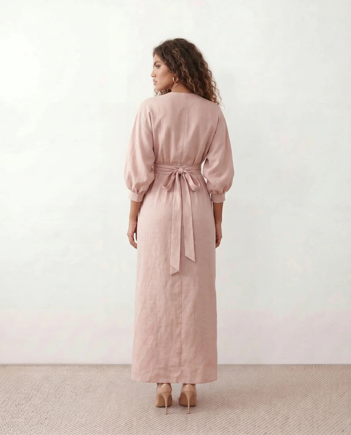V Neck Wrap Maxi Dress with Balloon Sleeves