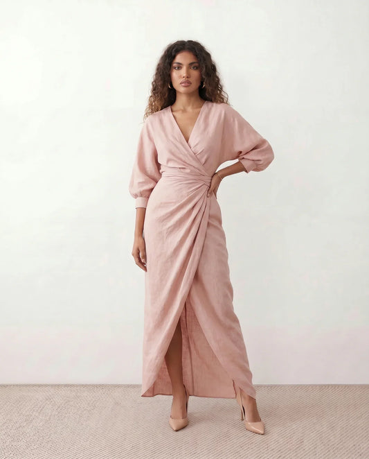 V Neck Wrap Maxi Dress with Balloon Sleeves