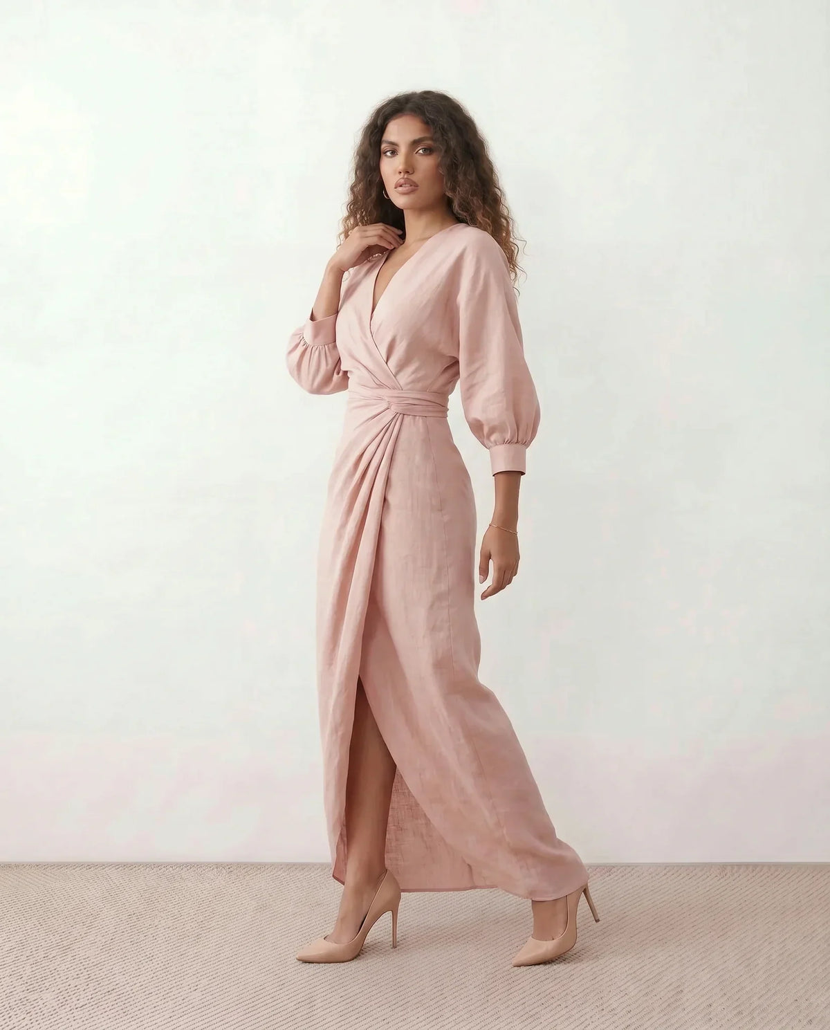 V Neck Wrap Maxi Dress with Balloon Sleeves