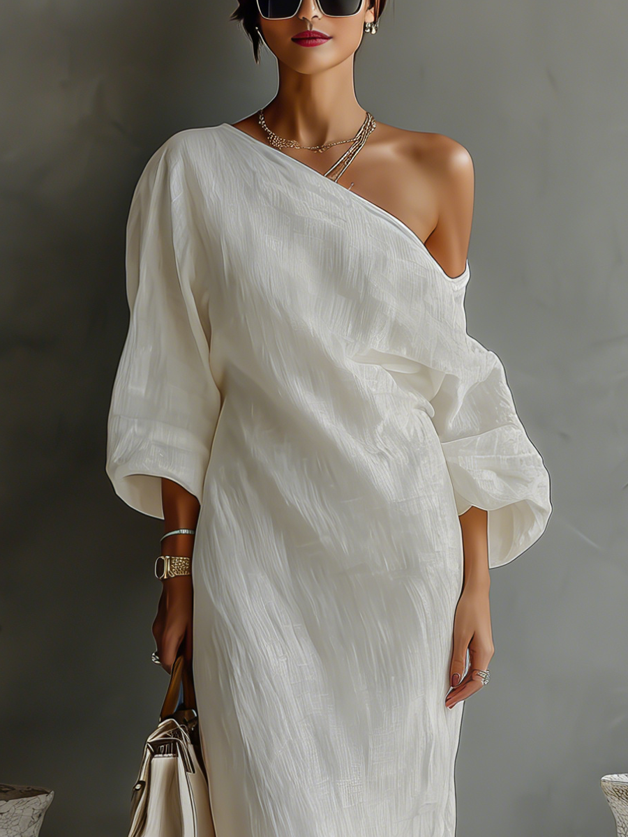 Linen One Shoulder Balloon Sleeve Maxi Dress