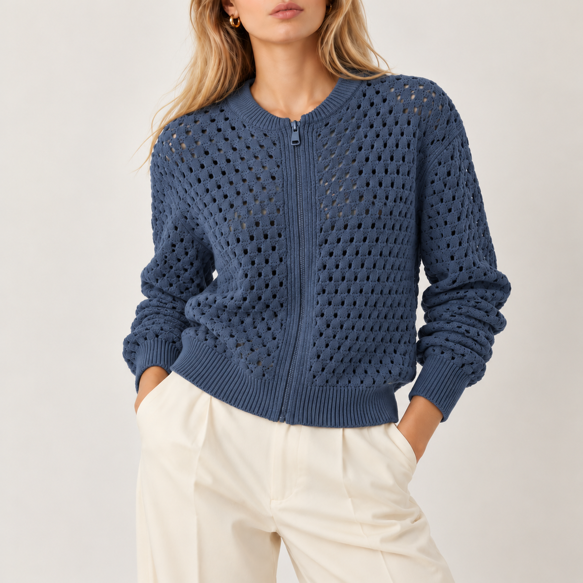 Open Knit Zip Cardigan