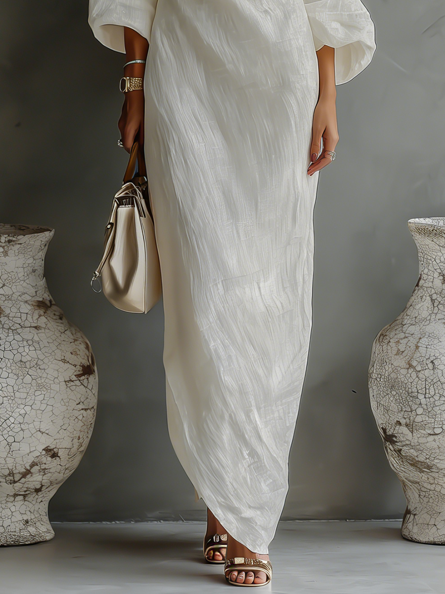Linen One Shoulder Balloon Sleeve Maxi Dress