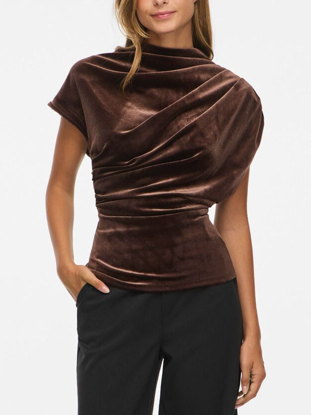 Draped High Neck Velvet Top