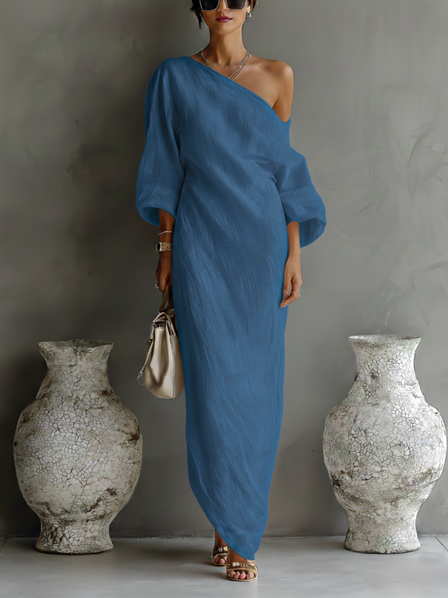 Linen One Shoulder Balloon Sleeve Maxi Dress