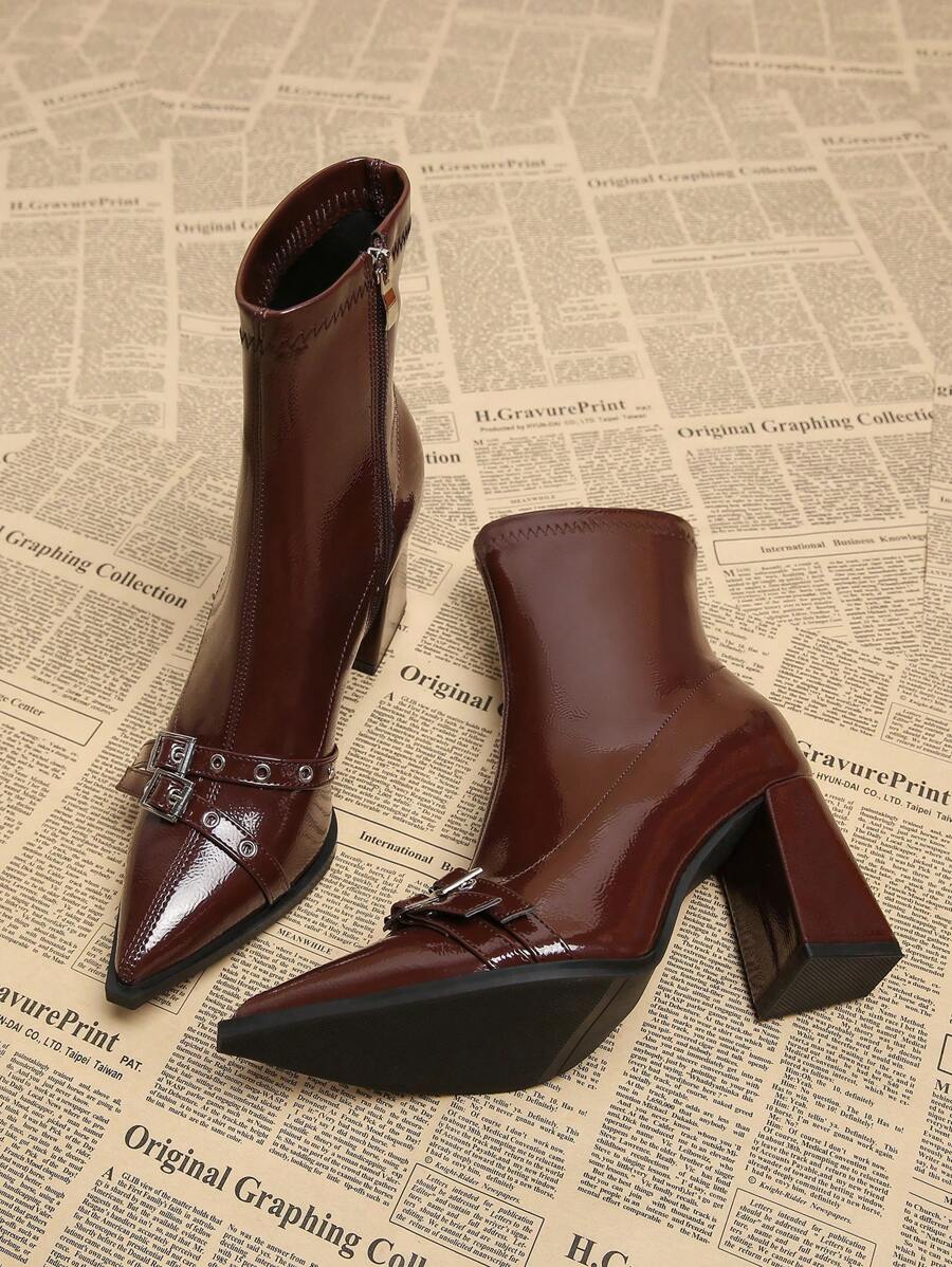 Buckle Detail Pointed Toe Ankle Boots