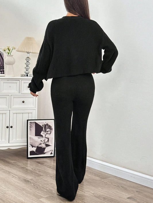 Ribbed Cardigan and Drawstring Flare Pants Set