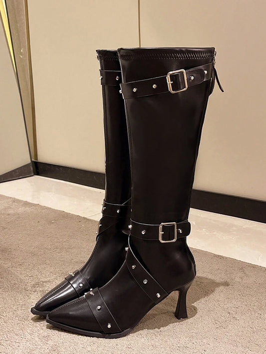 Buckle Strap Stiletto Knee High Boots