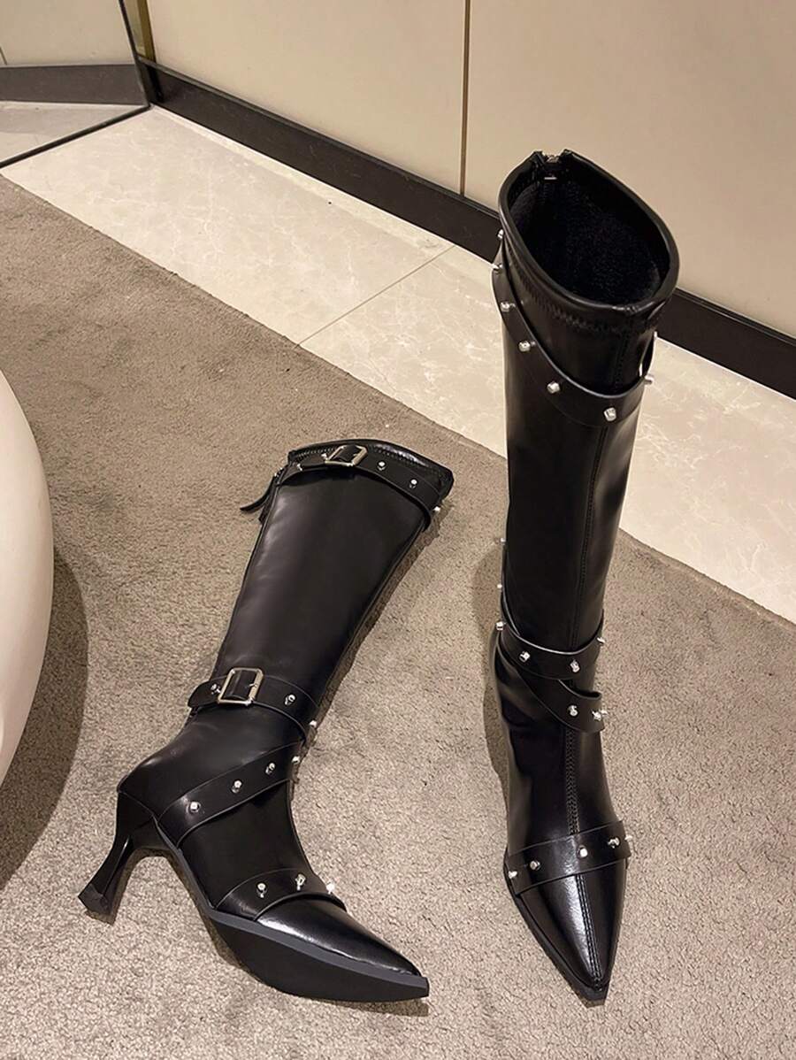 Buckle Strap Stiletto Knee High Boots
