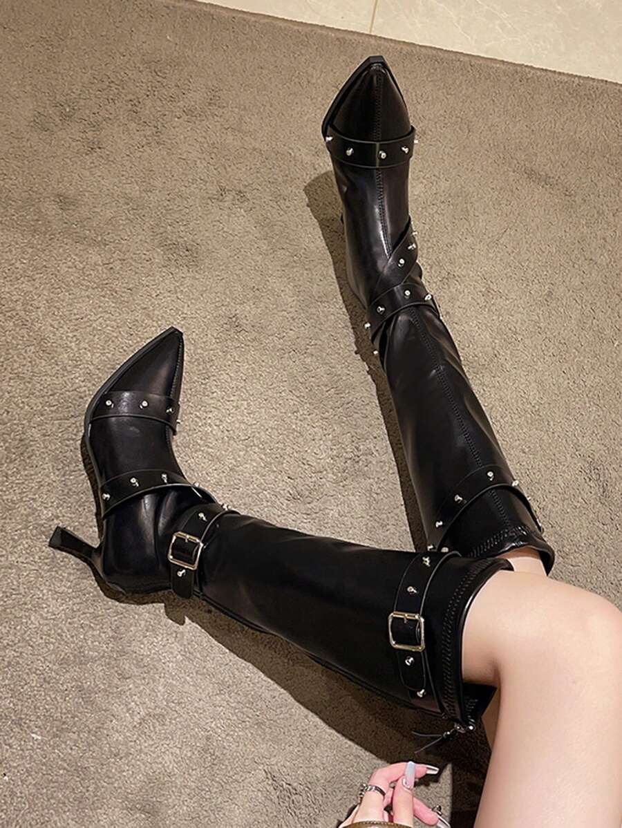 Buckle Strap Stiletto Knee High Boots