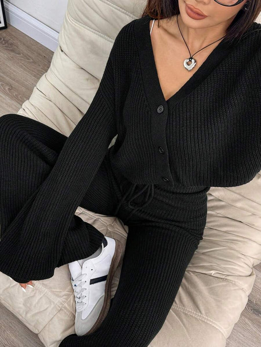 Ribbed Cardigan and Drawstring Flare Pants Set