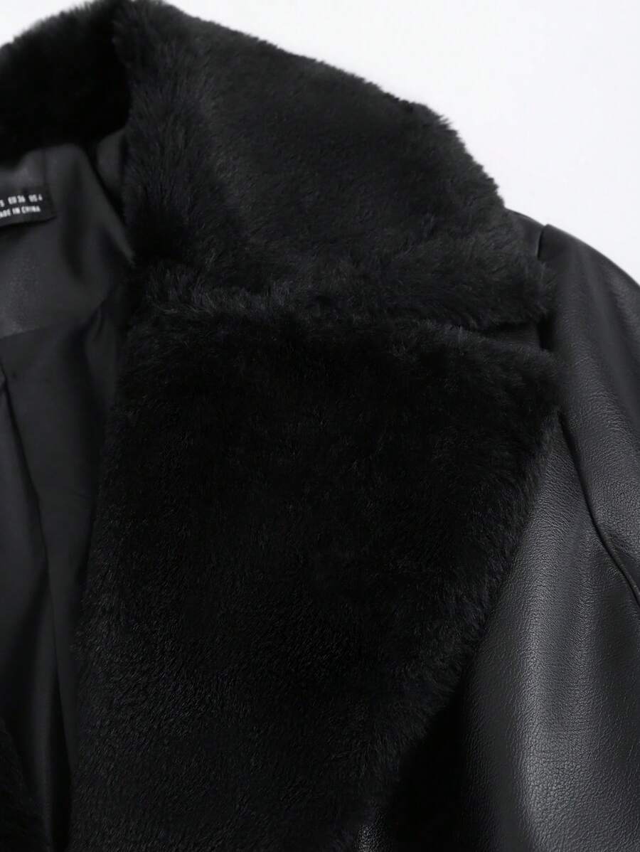 Faux Fur Panel PU Leather Trench Coat