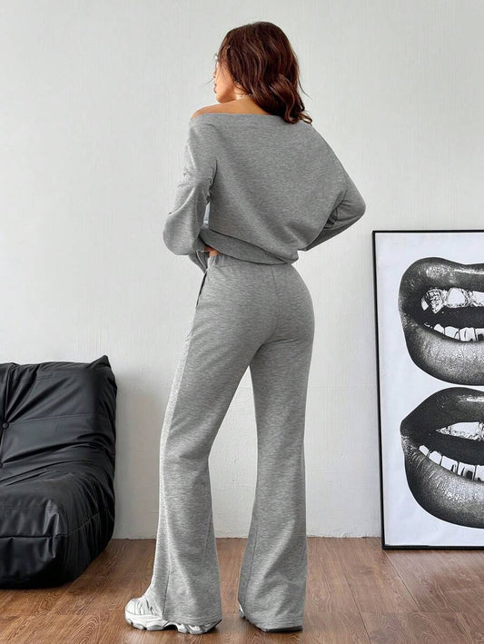 Cold Shoulder Sweatshirt and Flare Pants Set