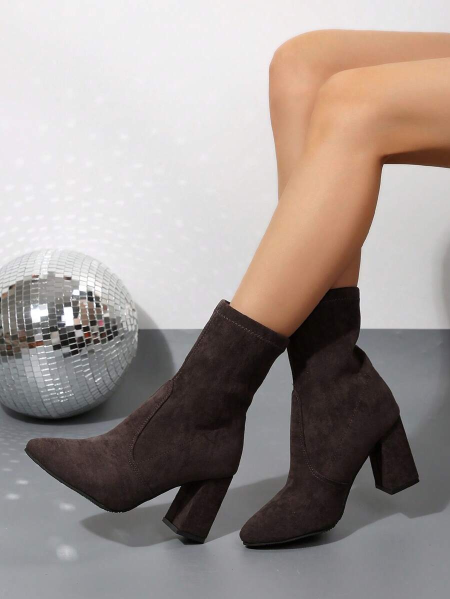 Pointed Toe Block Heel Sock Boots