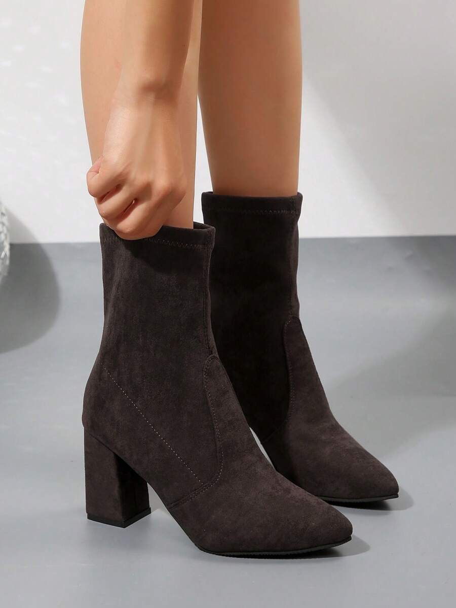 Pointed Toe Block Heel Sock Boots