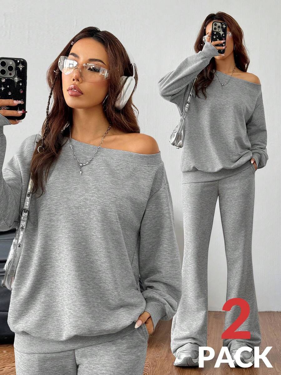 Cold Shoulder Sweatshirt and Flare Pants Set