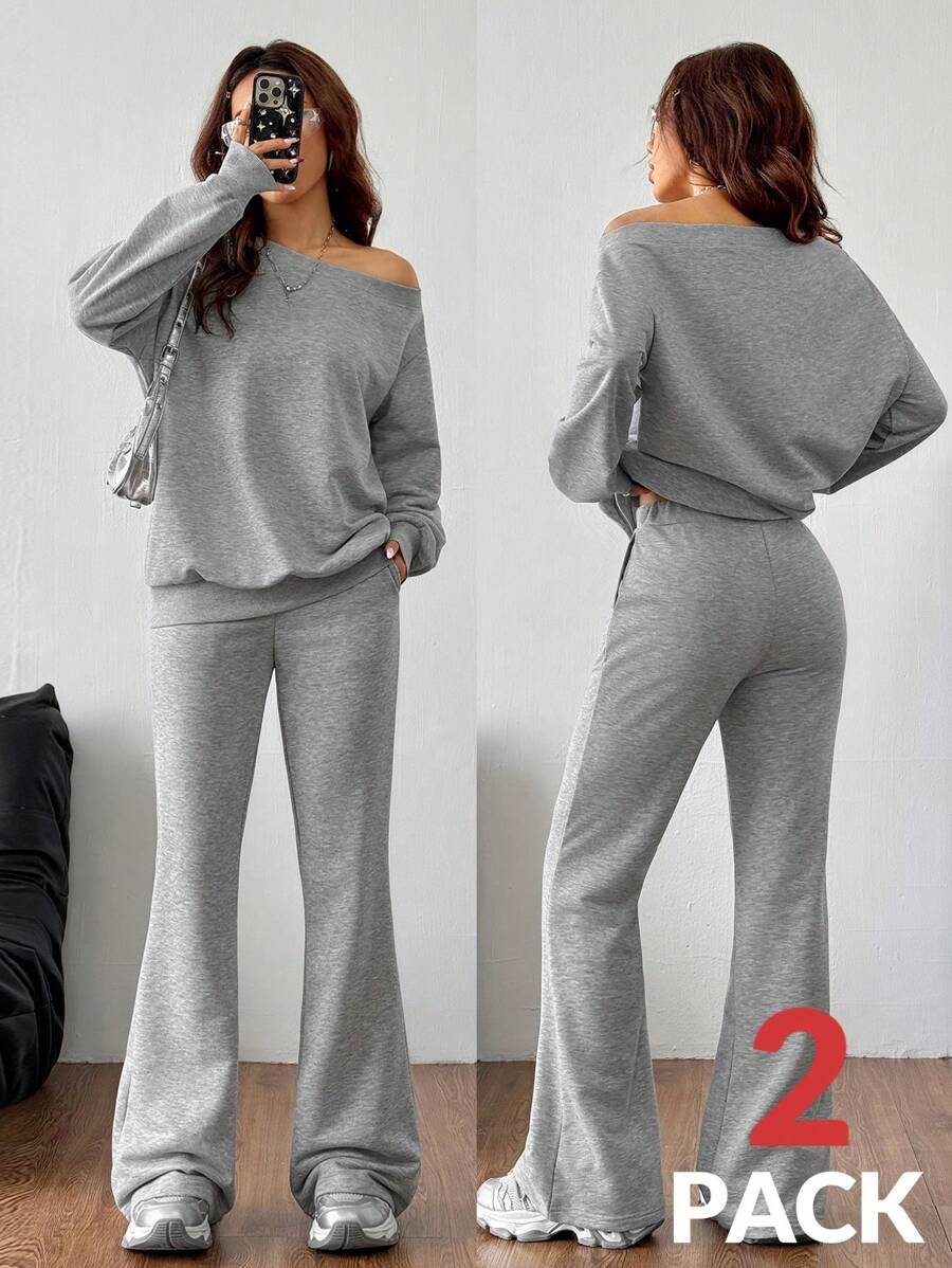 Cold Shoulder Sweatshirt and Flare Pants Set