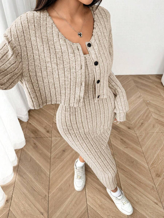 Ribbed Knit Button Jacket and Midi Dress Set